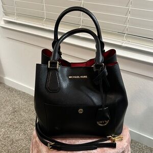 Michael Kors Black Leather Satchel with Red Interior